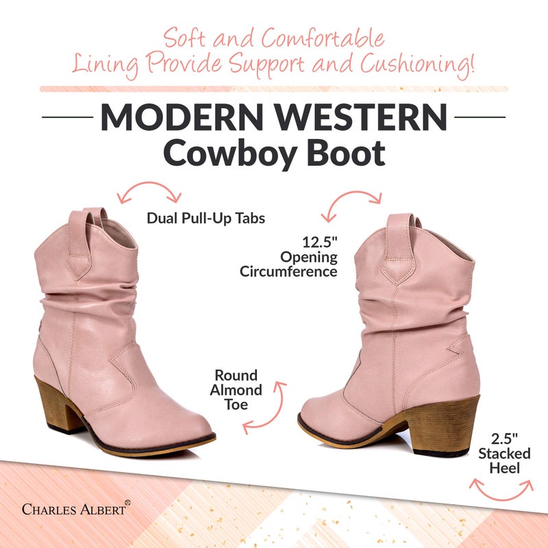 Charles Albert Modern Western Cowboy Boots for Women Ladies Stacked Heel Ankle Cowgirl Boots with Pull-Up Tabs in Blush Size 7 - Image 5